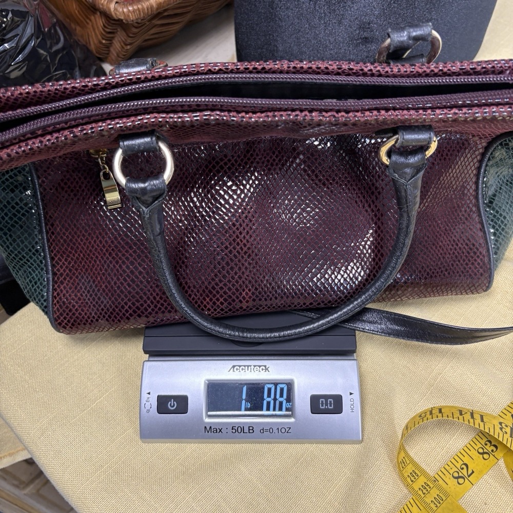 Vintage Due Fratelli Leather Purse Snakeskin Embossed Two Tone Burgundy & Green - Picture 11 of 14